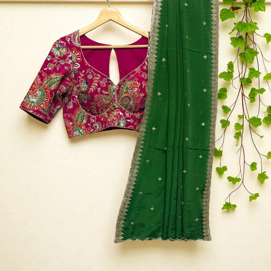 Rich Pink blouse with Emerald green saree